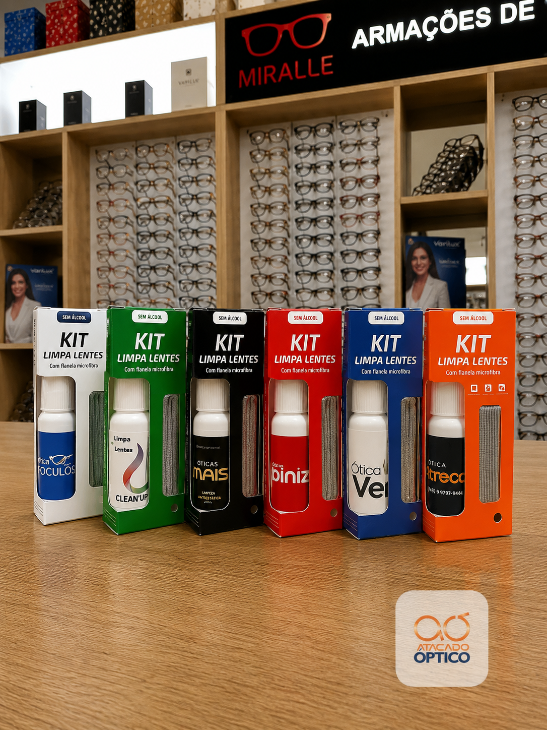 Kit limpa lentes 25ml personalizado (caixa vazada) — Insumos Atacado Optico
